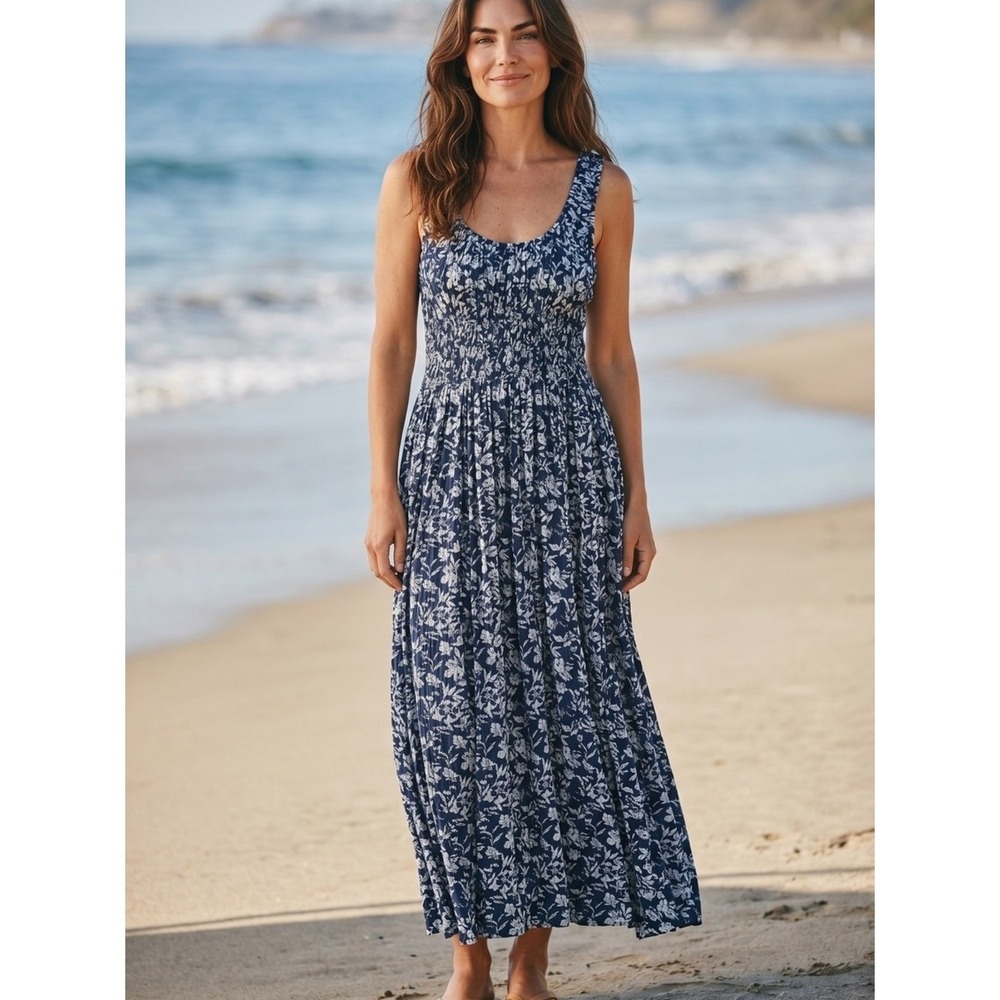 Faherty Navy Blue Floral Maxi Dress